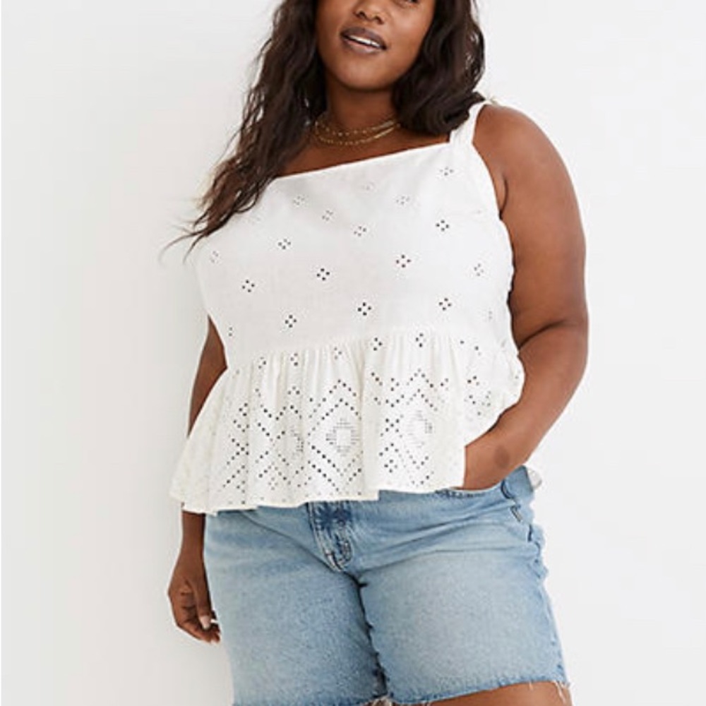 NWT Madewell Plus Rosalie Tie Strap Peplum Top Geo Eyelet White 1X